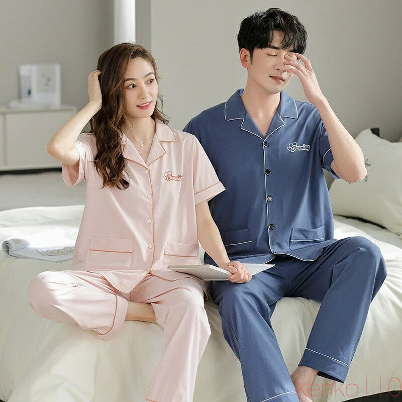 【送料無料】ペア パジャマ 半袖 夏 綿100% 男女2着 セット シンプル 無地 セットアップ ゆったり 前開き ルームウェア 春夏 半袖トップス ロングパンツ 高級 カップル ペア