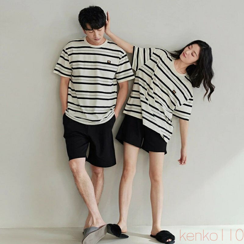 【送料無料】ペア パジャマ 半袖 夏 男女2着 セット 春 ボーダー ゆったり 柔らかい 涼しい セットアップ カップル ストライプ 綿100% ルームウェア 高級 春夏 ペアパジャマ|雑貨専門店ライキー 店
