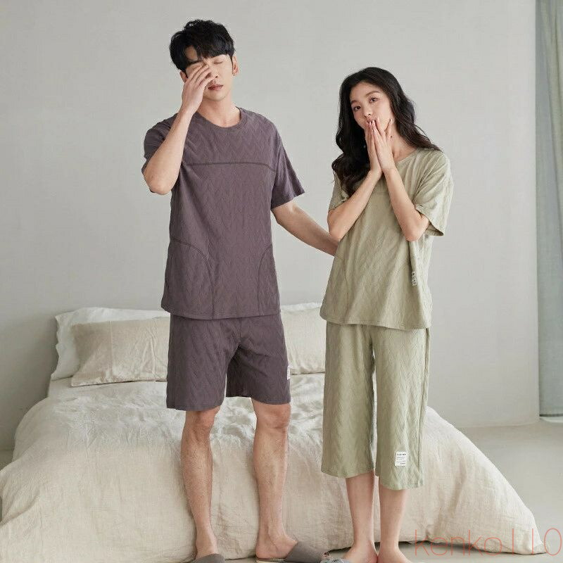 【送料無料】ペア パジャマ 半袖 夏 男女2着 セット 春 無地 シンプル ゆったり フラワー セットアップ カップル 綿100％ ルームウェア 高級 春夏 ペアパジャマ 結婚祝い プ