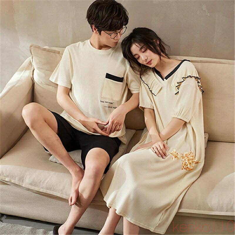 【送料無料】ペア パジャマ 半袖 夏 綿100% 男女2着 セット フレア シンプル ゆったり セットアップ カップル ネグリジェ 薄手 ルームウェア 高級 春夏 ペアパジャマ 結婚祝|雑貨専門店ライキー 店