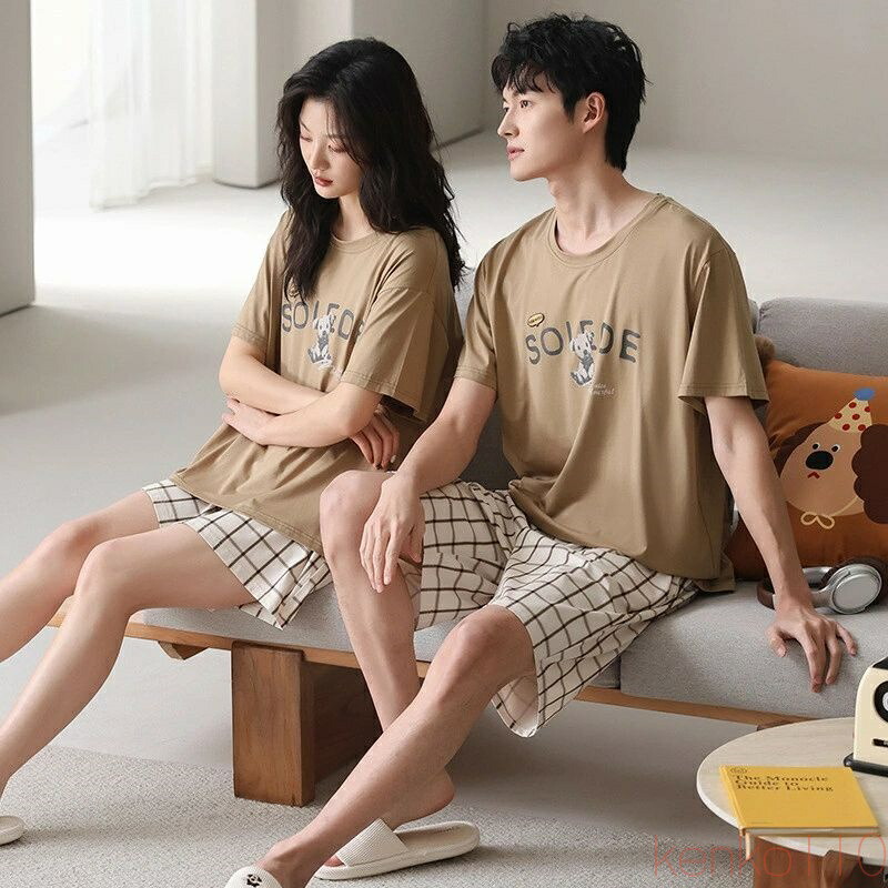 【送料無料】ペア パジャマ 半袖 夏 男女2着 セット 春 チェック シンプル ゆったり 綿 大きいサイズ カップル 薄手 高級 ルームウェア 春夏 ペアパジャマ 結婚祝い プレゼン|雑貨専門店ライキー 店