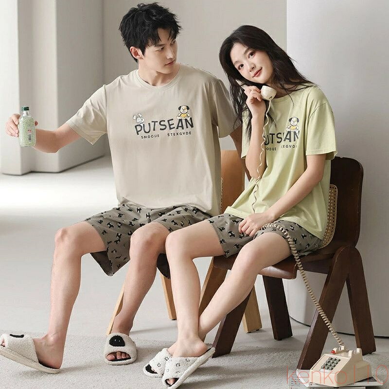 【送料無料】ペア パジャマ 半袖 夏 男女2着 セット 春 犬 シンプル 可愛い 涼しい カジュアル 大きいサイズ セットアップ カップル ジャンスカ 韓国 ルームウェア 高級 春夏｜雑貨専門店ライキー　店