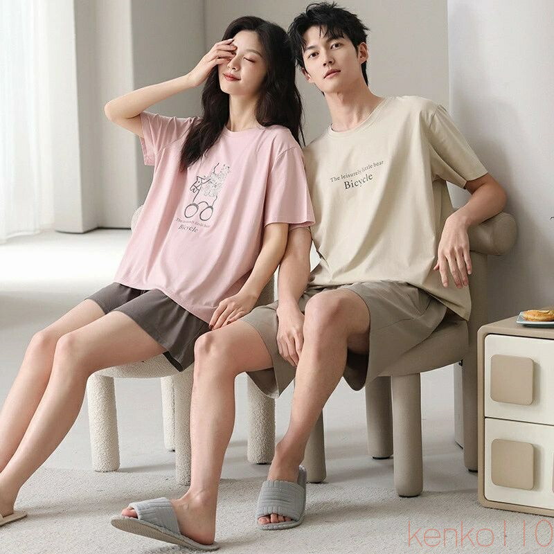【送料無料】ペア パジャマ 半袖 夏 男女2着 セット 春 シンプル ゆったり 柔らかい 涼しい 綿 大きいサイズ セットアップ カップル ルームウェア 高級 春夏 ペアパジャマ 結