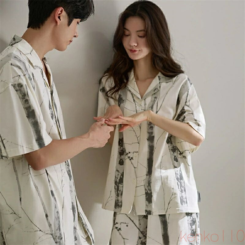 【送料無料】ペア パジャマ 半袖 夏 男女2着 セット 春 シンプル ゆったり 前開き 涼しい 綿 セットアップ カップル おしゃれ 柔らかい ジャンスカ ルームウェア 高級 春夏|雑貨専門店ライキー 店