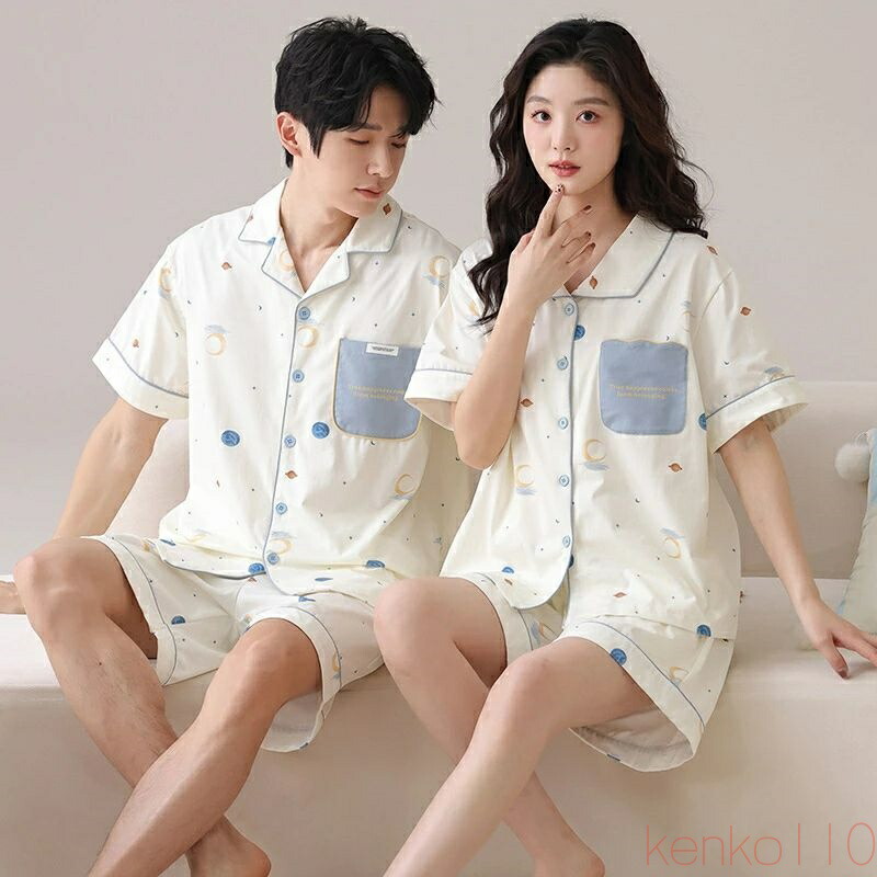 【送料無料】ペア パジャマ 半袖 夏 綿100% 男女2着 セット シンプル 前開き ゆったり カジュアル カップル 薄手 ルームウェア 半袖トップス+ショートパンツ 高級 春夏 ペア|雑貨専門店ライキー 店
