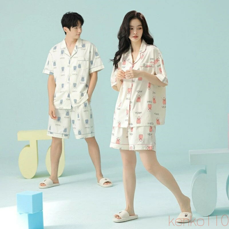 【送料無料】ペア パジャマ 半袖 夏 男女2着 セット 春 可愛い カジュアル 柔らかい 綿 抗菌 ネグリジェ 薄手 ルームウェア 春夏 高級 カップル ペアパジャマ 結婚祝い プレ|雑貨専門店ライキー 店