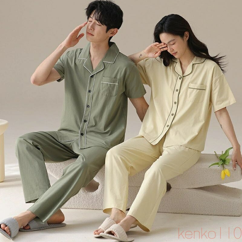 【送料無料】ペア パジャマ 半袖 夏 男女2着 セット 春 無地 ポケット シンプル セットアップ カップル 綿100% 薄手 ルームウェア 半袖トップス ロングパンツ 高級 春夏 ペ|雑貨専門店ライキー 店