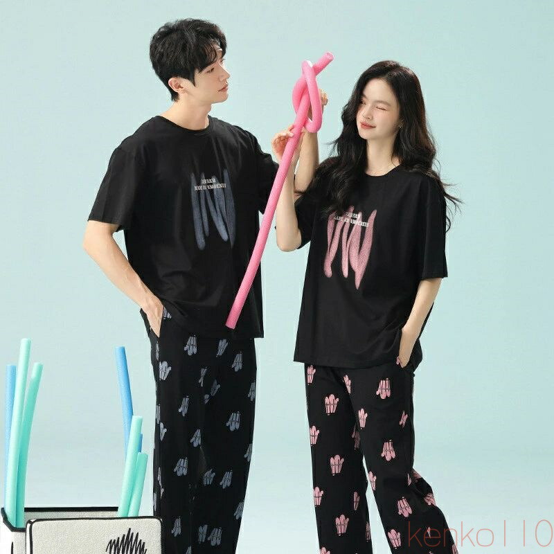 【送料無料】ペア パジャマ 半袖 夏 男女2着 セット 春 綿 薄手 韓国 半袖トップス ロングパンツ 高級 カップル ルームウェア 春夏 ペアパジャマ 結婚祝い プレゼント お祝い｜雑貨専門店ライキー　店