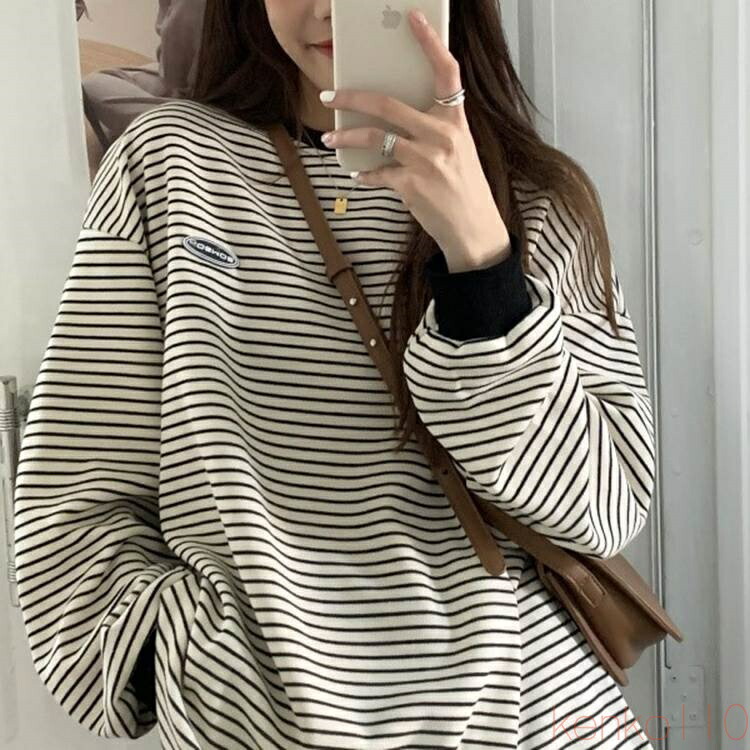 【送料無料】トップス ボーダー Tシャツ カットソー レディース ラウンドネック 長袖 ゆったり 大きめ シンプル カジュアル ラフ ルーズ こなれ感 お洒落 オシャレ かわいい