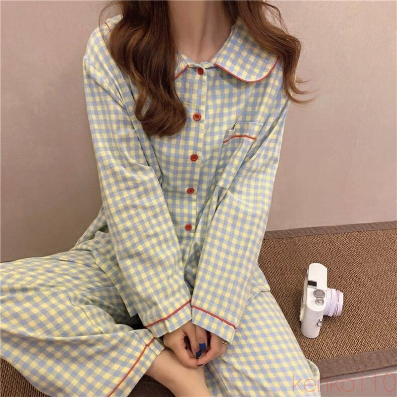 【送料無料】ルームウェア レディース 部屋着 パジャマ 上下セット トップス パンツ個性的 長袖 Vネック 襟付き チェック 柄 青 M L XL 2XL オールシーズン カジュアル きれ