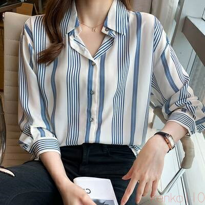 【送料無料】トップス レディース ブラウス個性的 長袖 襟付き 前開き ストライプ 柄 青 S M L XL 2XL 春 夏 秋 上品 きれいめ おしゃれ シンプル カジュアル ナチュラル フ