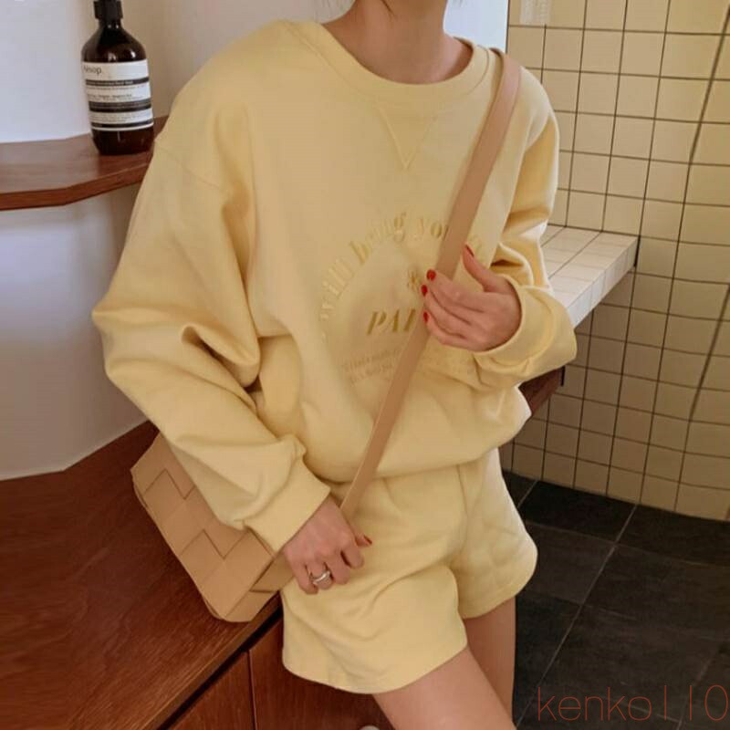 【送料無料】セットアップ トップス ボトムス ショートパンツ スウェット トレーナー ジャージ レディース 袖あり 長袖 ドロップショルダー ラウンドネック 刺繍 英字 上下セ