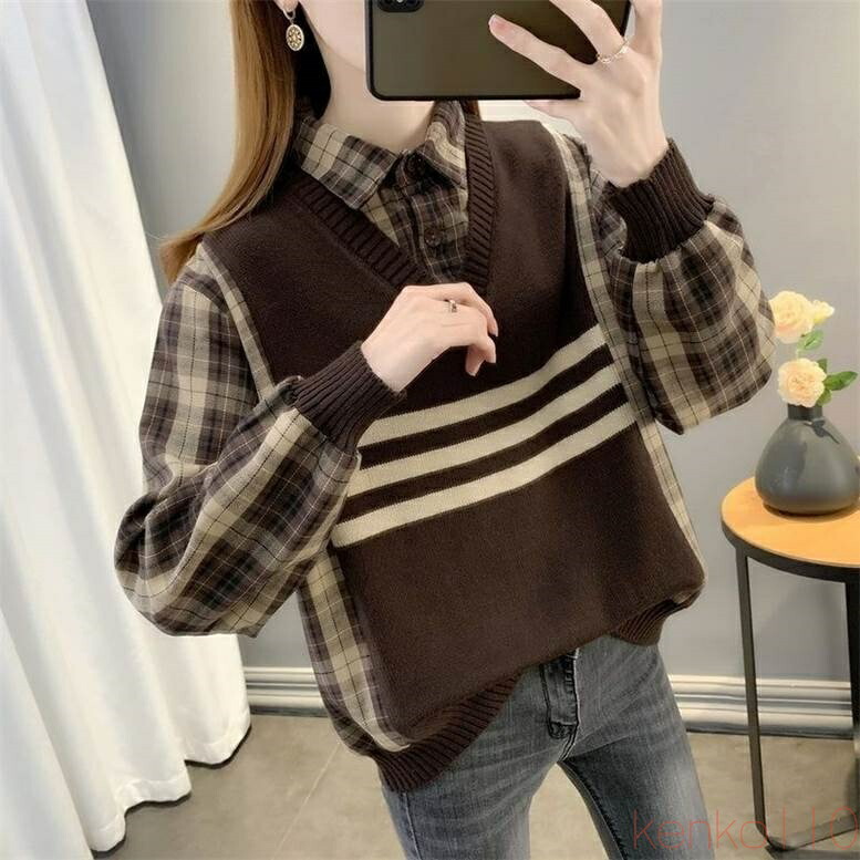 【送料無料】レイヤード風ニットベストドッキングシャツ トップス レディース 秋 冬 フェイクレイヤード シャツ ベスト 異素材MIX 重ね着風個性的 チェック柄シャツ ニットベ
