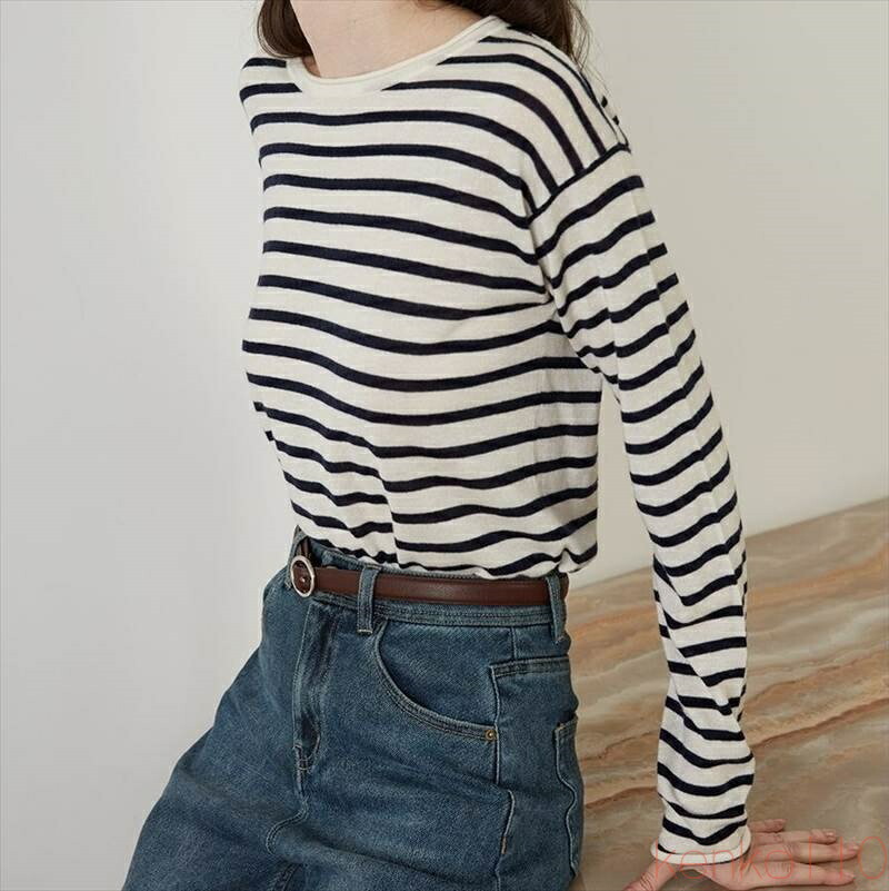 【送料無料】トップス Tシャツ シャツ ニット 半袖 長袖 ラウンドネック ボーダー かわいい個性的 レディース 着回し きれいめ シンプル カジュアル おしゃれ レトロ こなれ