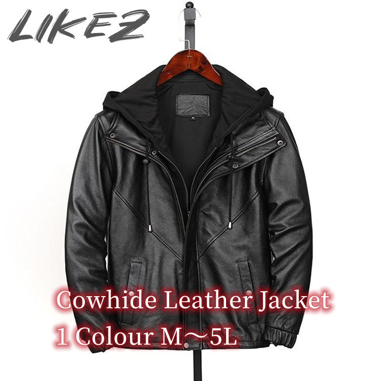 カウレザー ジャケット コート フード付き メンズ 牛革 アウター ブラック M/L/2L/3L/4L/5L k4b22｜LIKEZ ダウンコート ファー レザー
