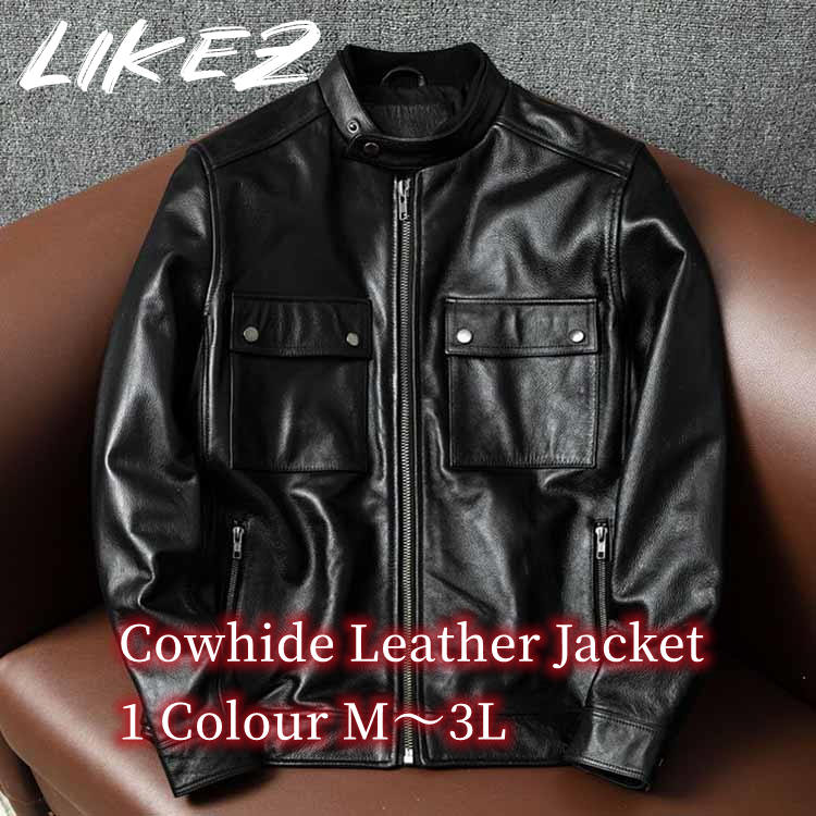 カウレザー ジャケット レザー コート アウター 長袖 ショート メンズ 秋冬 牛革 本革 ブラック M/L/2L/3L k4b35