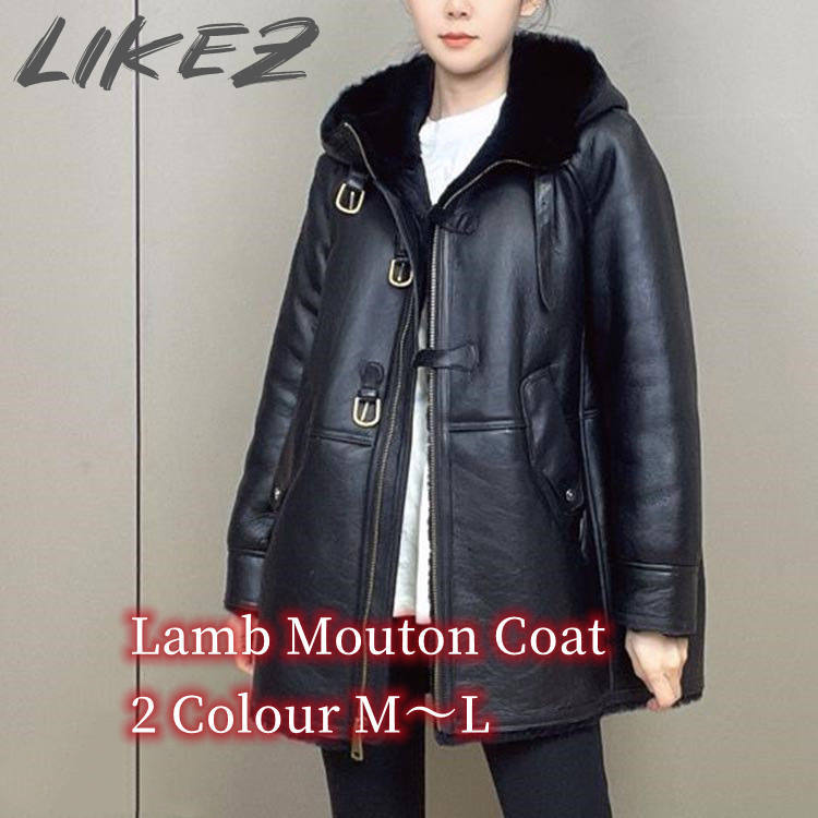コート ラムムートン フード レディース 冬 ミドル アウター 毛皮 レザー ラムレザー ブラック/ブラウン M/L/2L k1a44