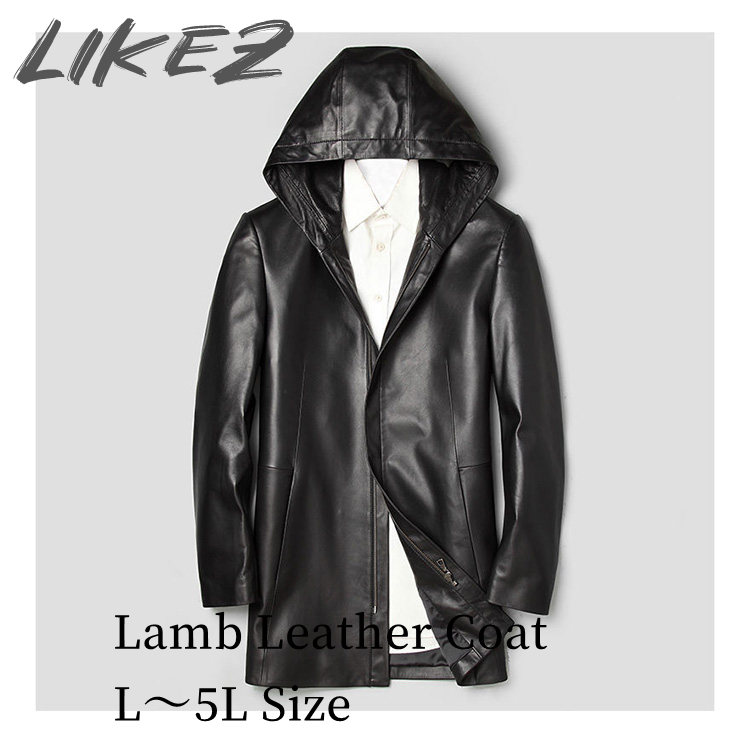 2025 秋冬 新作 ラムレザー フード ジャケット コート 本革 羊革 メンズ 秋/冬 アウター ブラック L/2L/3L/4L/5L l4b34