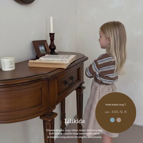 【送料無料】Heart Button Long T 韓国子供服通販 リリキッズ lilikids 子供 ロンT 子供 ロングTシャツ 子供 ロンティー 長袖 Tシャツ キッズ ベビー 女の子 男の子 トップス カットソー ハート ボタン ボーダー 綿100% コットン 保育園 幼稚園画像