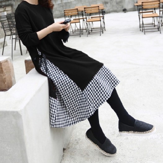 楽天市場 レディース ギンガムチェック 切替 スウェット ワンピース 重ね着風 レイヤードスタイル フレンチ風 らくちんワンピース Lachic