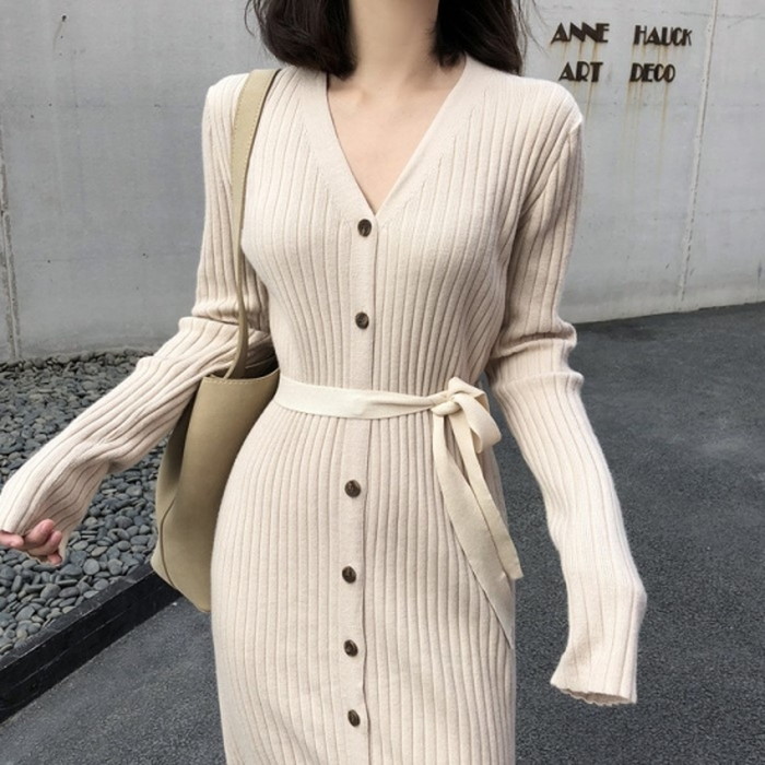 楽天市場 19年新作 秋 2color 2way Vネック ウエストマーク リブニット ロングカーディガン ロングワンピース アウター ワンピース ボタンをとじてワンピースとして着てもボタンをあけてカーディガンとしても使える便利なアイテム Lachic