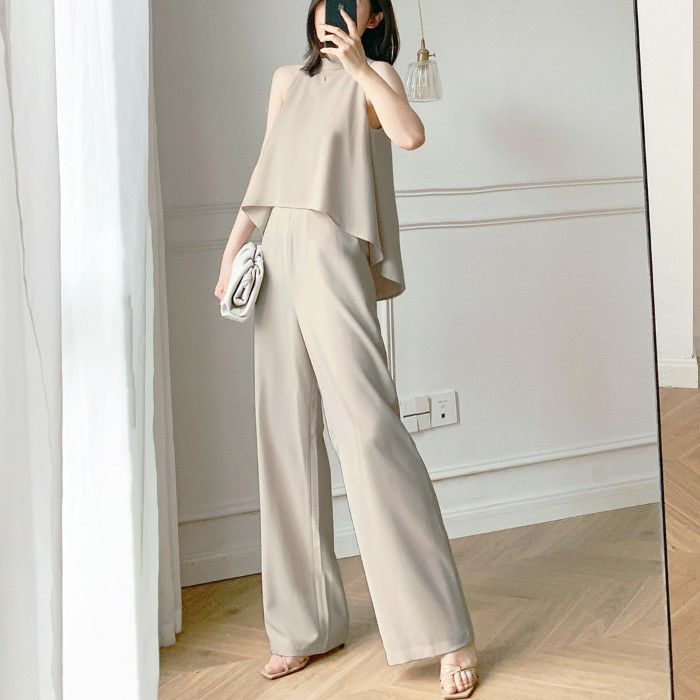 大人 レディース おしゃれ ホワイト ベージュ 黒 ママファッション 送料無料 ワンピース Xlレディースファッション 白 ブラック ピンク シフォン素材 桃 アメリカンスリーブ きれいめ ロング丈 ワイドパンツ 21年 春夏 新作 4color ホルターネック トップス ストレート