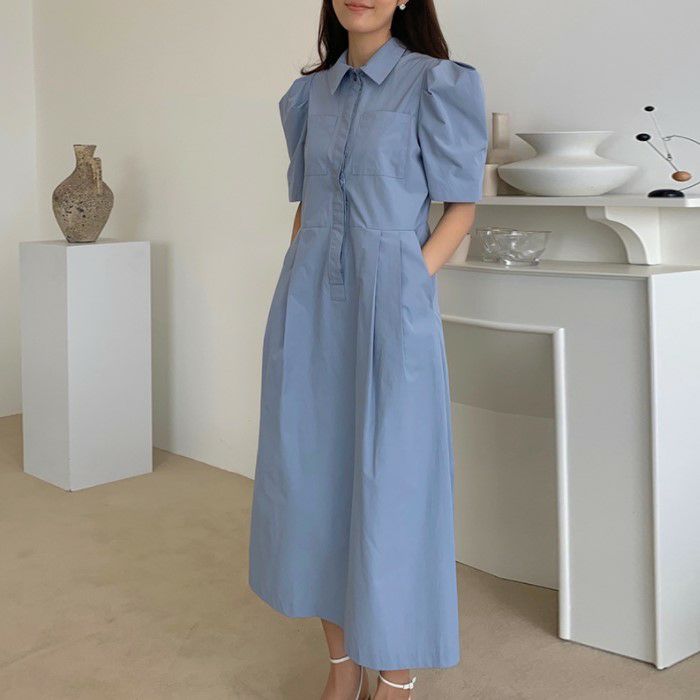 21年 春夏 新作 2color 襟付き パフスリーブ ロング ワンピース Butlerchimneys Com