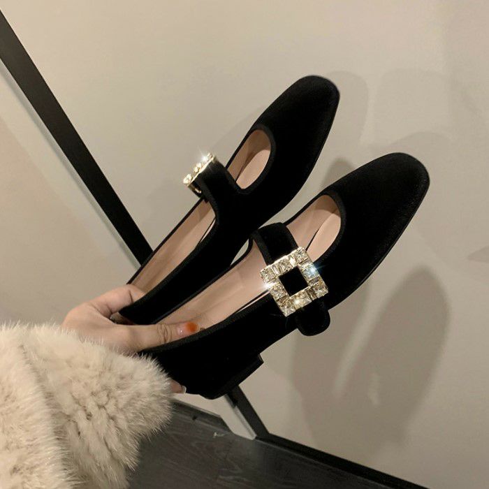 【送料無料】秋冬 スクエアトゥ ビジュー バレリーナ ストラップ シューズ heel 1cm 4.5cm