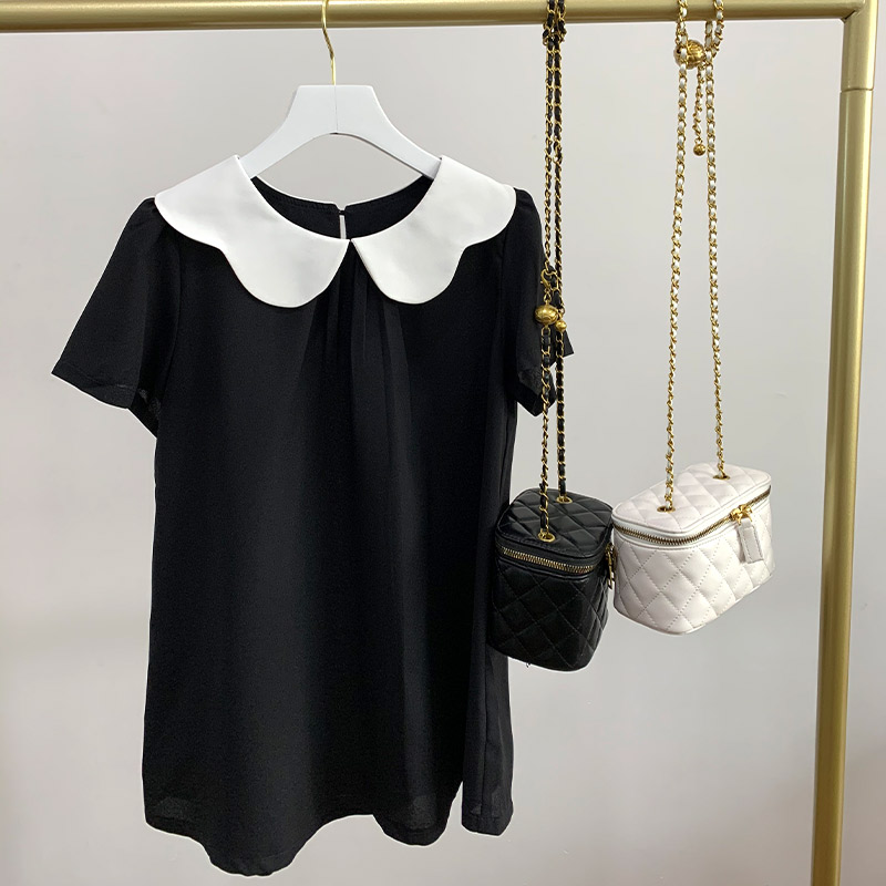 【送料無料】2color バイカラー 襟 シフォン 半袖 シャツ レディース 女性 トップス 2022 春 夏 春夏 カジュアル フェミニン かわいい 大人 大人かわいい オフィス オフィスカジュアル お出かけ 休日 オン オフ 女子会 デート