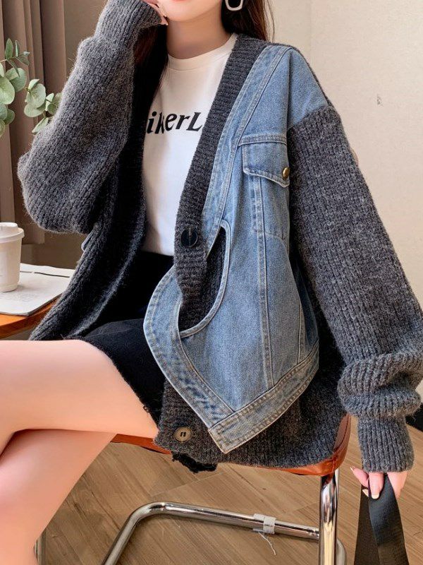 【送料無料】2025 AW 新作 3color Denim ドッキング ニット カーディガン