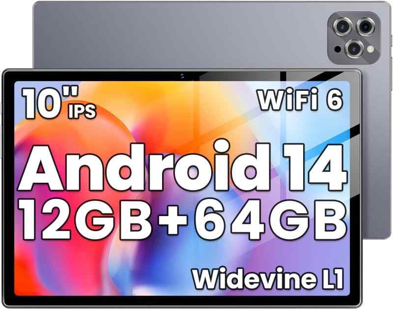 【タブレット 10インチ wi-fiモデル】12GB+64GB+1TB TF拡張、8コアCPU WidevineL1+GMS認証+Type-C充電+6000mAh、Android タブレット 1280*800 IPS画面 、WiFi6+BT5.0+OTG