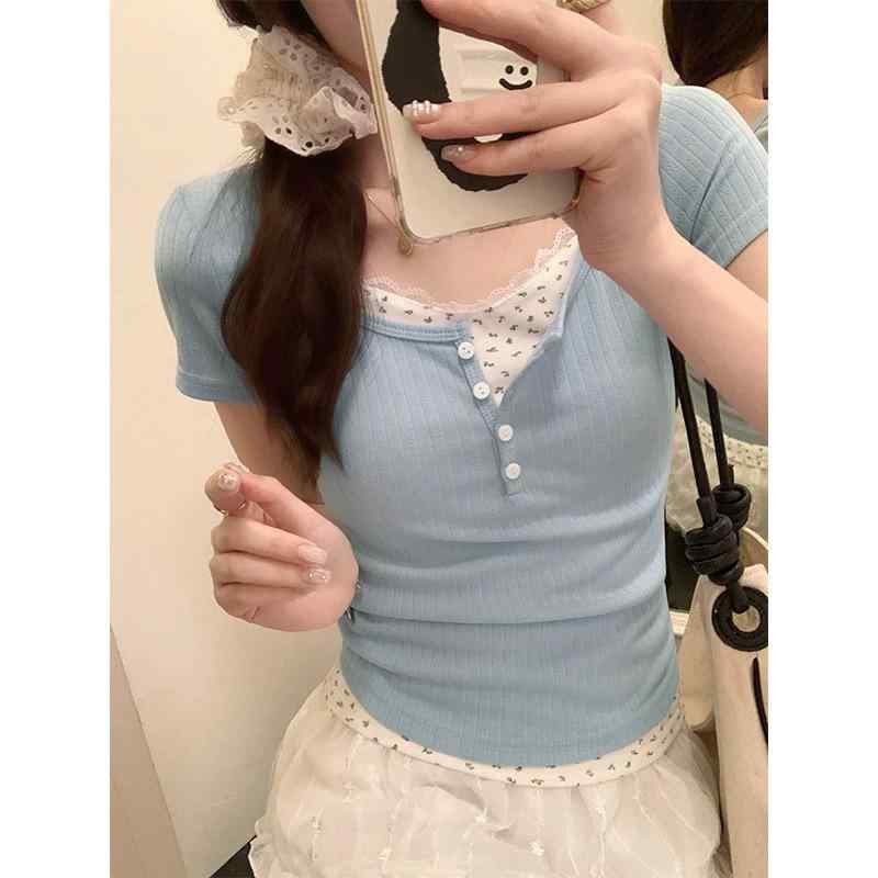 Tシャツ レディース 短袖 花柄 レース 切り替え Uネック 修身 短丈 トップス 夏 ピンク 杏色 ブルー パープル ポリエステル 軽量 吸湿速乾 日韓カジュアル セクシー かわいい 普段使い 伸縮性 ビッグシルエット