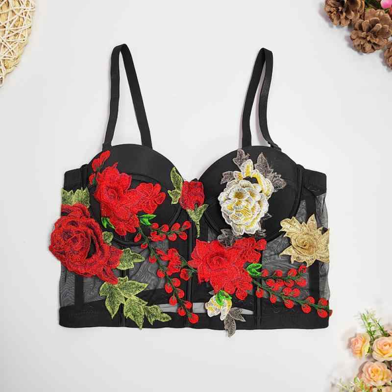 女性用 トップス 吊り紐キャミソール 刺繍 立体花柄 網目レース チュール素材 ブラトップ 外穿 ボディス 透け感 ショート丈 修身シルエット ブラック 微弾性 ポリエステル スパンデックス 混紡 かわいい 甘め 清楚 春夏 軽量 通勤 デイリー インナ