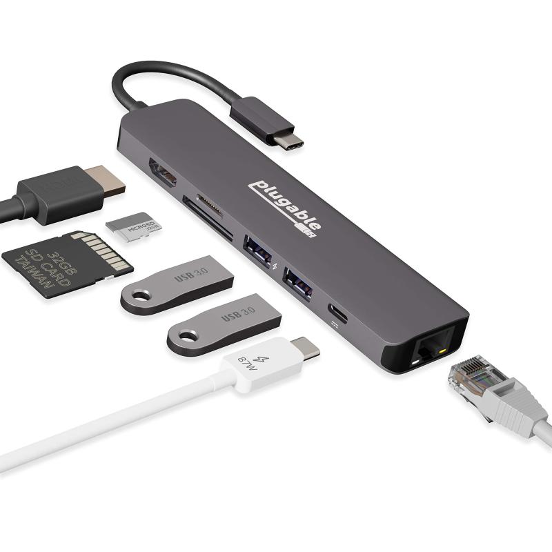 Plugable USB-C ハブ 7-in-1 USB-C 対応マルチアダプター イーサネット付（4K HDMI、USB 3.0 ポートx2、SD/microSD カードリーダー、92W 充電）