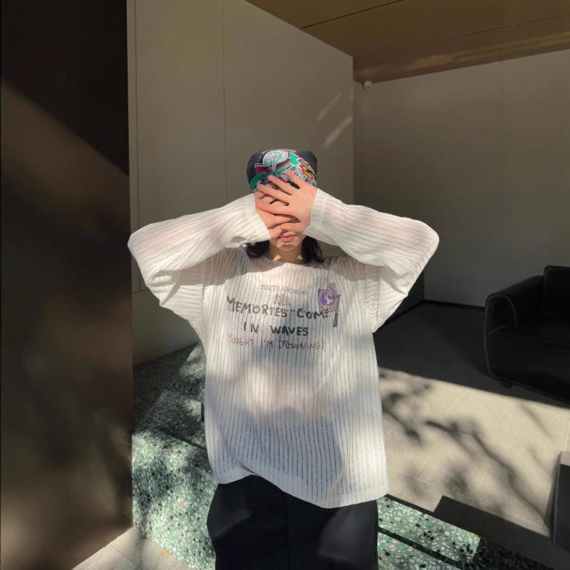Tシャツ 女性用 長袖 透け感 レースネット トップス ゆったりシルエット 痩せ見え 効果 3Dプリント デザイン 丸首 セットインスリーブ 日常カジュアル デイリーウェア ポリエステル 混紡 ポリウレタン ストレッチ 素材 ホワイト 春用 軽量 通勤