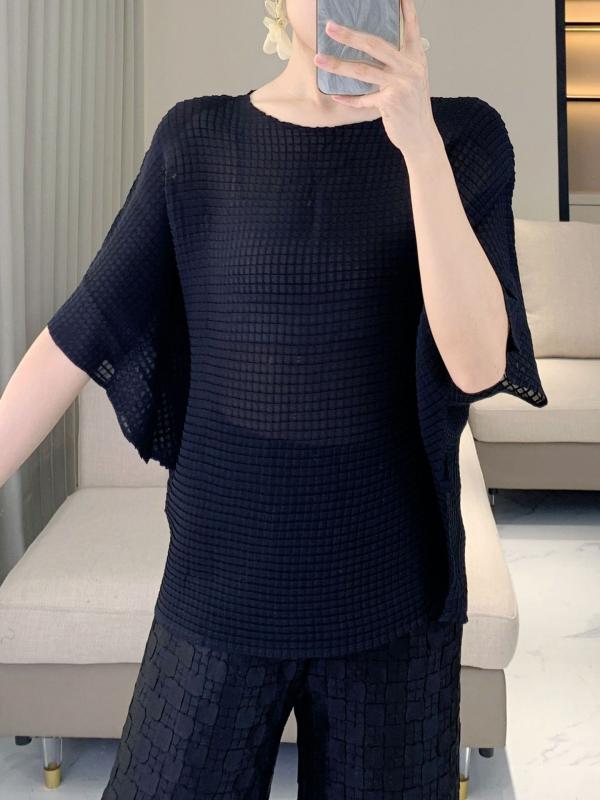 Tシャツ 女性用 ゆったり ゆったり 通勤 スタイル 透け感 コーン プリーツ バット スリーブ 半袖 丸首 夏 接触冷感 ポリエステル 素材 アイボリー ブラック 軽量 吸湿速乾 切り替え デザイン 百搭 トップス 気質 ルームウェア カジュアル 普段