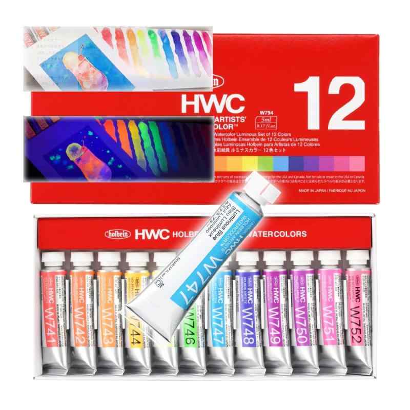 〈透明水彩絵具 蛍光色〉ホルベインアート 日本製「HWC透明水彩絵具 2号(5ml)／5号(15ml) 蛍光色 ルミナスカラー 12色セット」絵の具 えのぐ 画材 美術 アート 水性 蛍光色 水性 ASTM〔APマーク 無