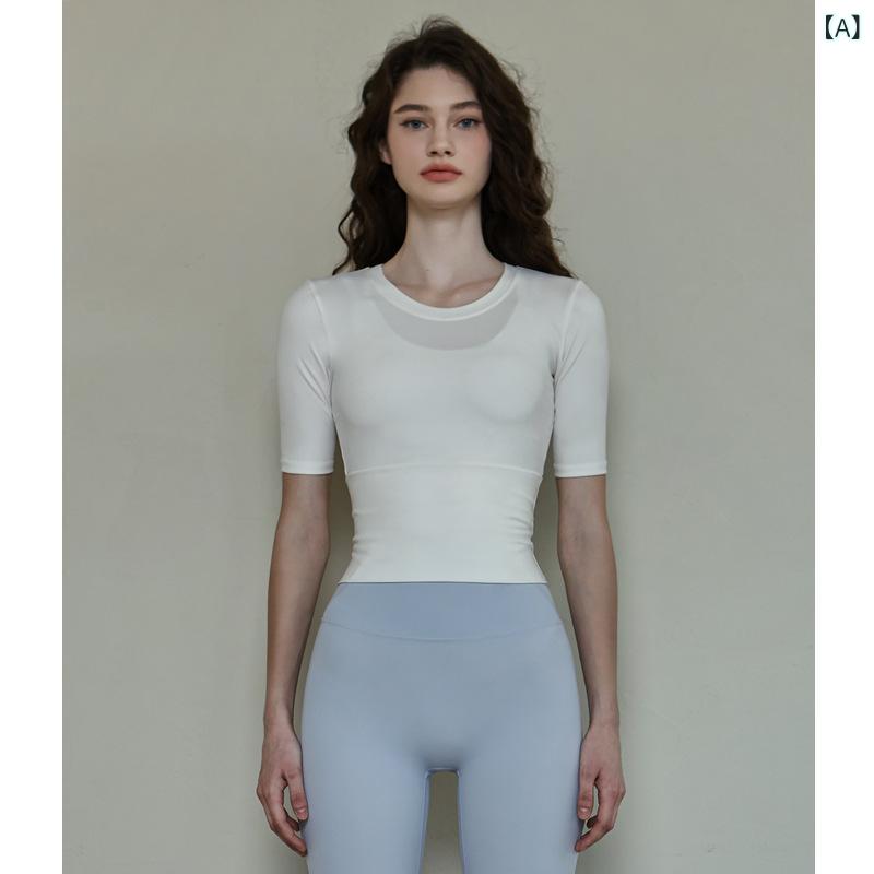 レディース トップス ヨガウェア 緊身 短袖 マイクロシースルー 女性用 伸縮性 修身 運動 Tシャツ ナイロン 混紡 接触冷感 吸湿速乾 軽量 フィットネス ランニング ダンス 春夏 秋 純色 ブラック ホワイト Vネック ビッグシルエット カジュアル