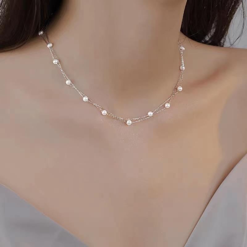 ネックレス 男女用 925シルバー 純銀 珍珠 真珠 ダブルレイヤー レイヤード チェーン 鎖骨 コルセットチェーン 軽量 軽奢 デザイン性 高級感 ファッション 通勤 日常使い 几何型 幾何学 自然 スタイリッシュ シルバー アクセサリー ジュエリー
