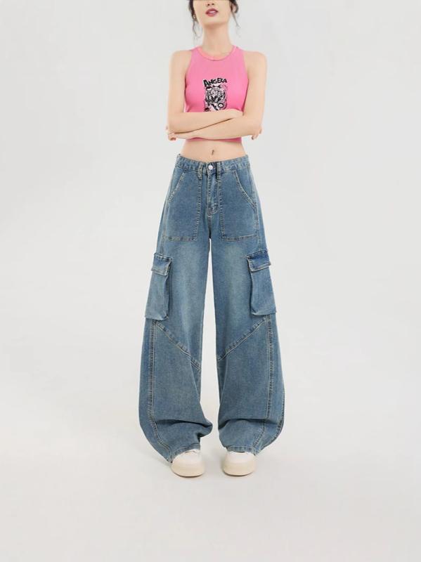 レディース 牛仔パンツ デニム 工装風 ワイドレッグ ハイウエスト 直筒 ゆったりシルエット 柔らかい質感 マイクロストレッチ 多ポケット 水洗加工 長ズボン 春夏 日常使い カジュアル 綿混 ポリエステル ライトブルーグレー 藍色系 復古スタイル スト
