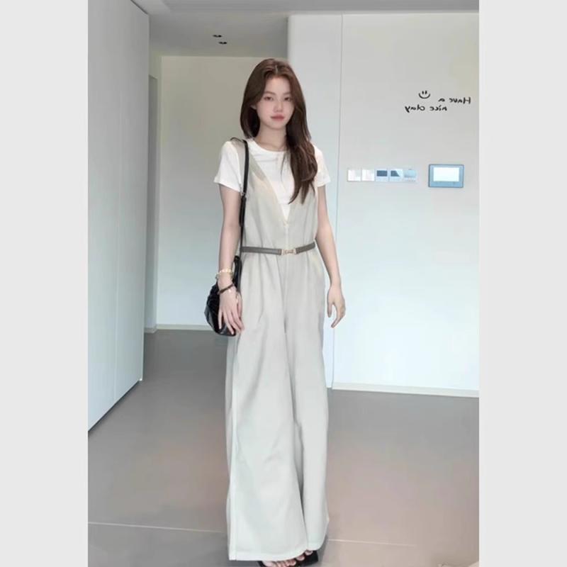 レディース 背?パンツ 杏色 Vネック 夏用 薄手 ワイドレッグ 工装風 ゆったり ビッグシルエット 高腰 九分丈 ポケット付き ポリエステル 微弾性 通勤 気質 軽量 吸湿速乾 接触冷感 カジュアル 普段使い