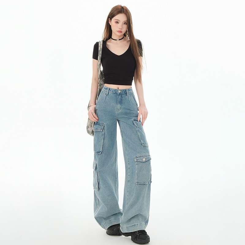 レディース デニムパンツ 牛仔パンツ 高腰 直筒 ワイドレッグ 長ズボン ブルー コットン ポリエステル 混合 素材 ジッパー 付き ミディアム 厚み 水洗い 加工 秋冬 シーズン 韓国風 シンプル スタイル ゆったり フィット ノンストレッチ 日常使い