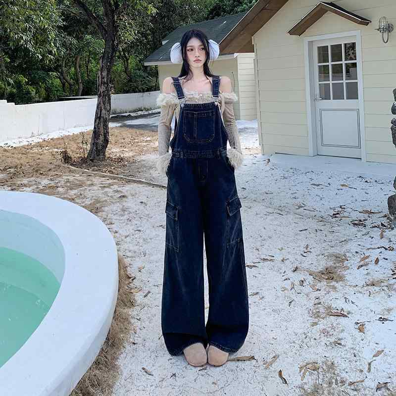 レディース デニム 背広パンツ 秋冬 ワイドレッグ ハイウエスト 工装 ロングパンツ 綿混 コットン ポリエステル 無弾性 水洗加工 ストリートスタイル ゆったりシルエット ポケット デザイン 黒灰色 長め丈 潮人ファッション
