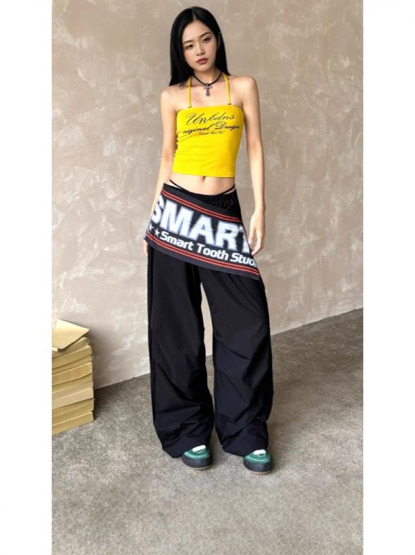 レディース ワイドパンツ 直筒型 長ズボン ゆったり腰 復古 ヒップホップ ストリート ダンス デザイン レイヤード 加工 ポリエステル クロロプレン 無弾性 快適 レジャー 黒 グレーグリーン 春夏 イージーケア 加工