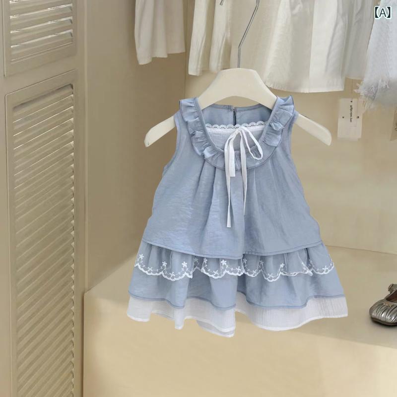 女の子 ワンピース 夏 背心 吊り帯 スカート 蕾絲 デザイン ブルー 甘い プリンセス 風 Aライン 無袖 コットン 混紡 柔らかい 生地 女児 3-8歳 100-140cm 夏服 純色 ケーキ スカート かわいい 洋気 フルレングス ドレス 女童 キ
