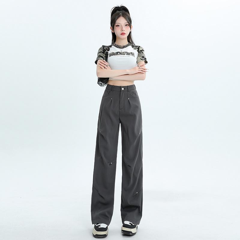 レディース 工装パンツ 低腰 クロップド ワイドレッグ 長ズボン 夏 春夏 デザイン 個性 ゆったり ストレート 膝下丈 街頭風 ポケット ポリエステル 95% グレー ブラック ミッドウェイト 無弾性 カジュアル 普段使い アウトドア 軽量 通勤 個性