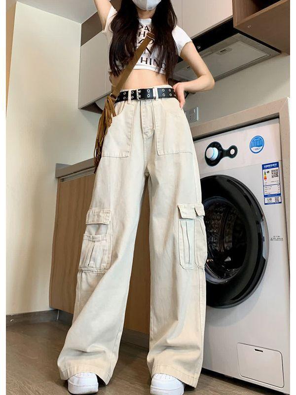 レディース ワイドレッグパンツ コットン デニム 素材 高腰 ストレート シルエット 長丈 薄手 微弾性 ポケット デザイン 街頭スタイル ゴシック風 快適 休? 米白 ブラック 切り替え ディテール 軽量 吸湿速乾 春夏 秋冬 通勤 普段使い アウトド