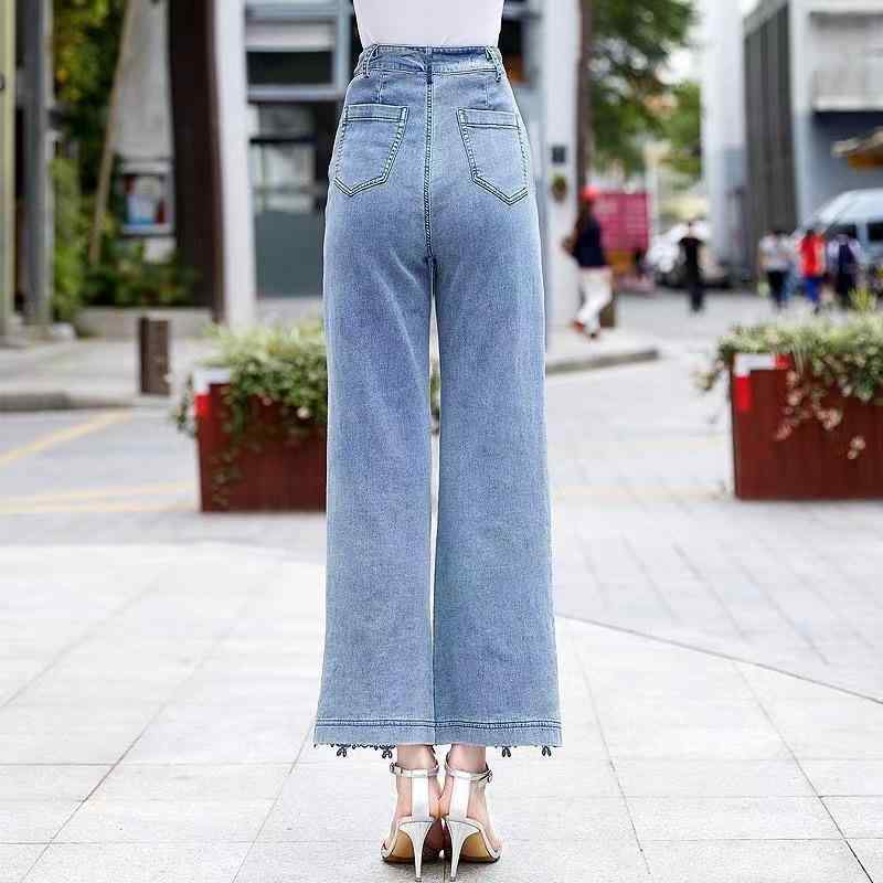 レディース デニムパンツ 秋冬 ワイドレッグ 九分丈 切り替え レース 垂れ感 綿素材 ライトブルー ダークブルー ゆったりシルエット 気質 優雅 芸術的 復古 日常使い 通勤 軽量 伸縮性 吸湿速乾 欧米風 中東風 カジュアル トップス ボトムス 女性
