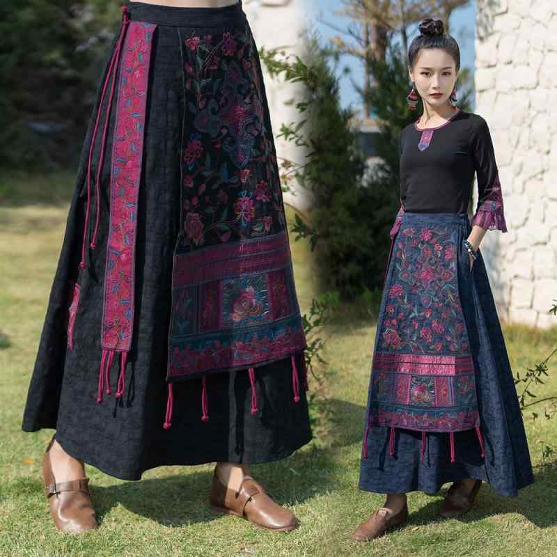 スカート 女性用 半身スカート 長め Aライン 復古 民族風 重刺繍 花柄刺繍 植物モチーフ 切り替えカラー ブラック ネイビー 麻混紡 織り込み素材 伸縮ウエスト フリンジ飾り 百搭 ボヘミアン ゆったりシルエット 日常使い 軽量 通勤対応 秋冬 春夏|LiLishop6