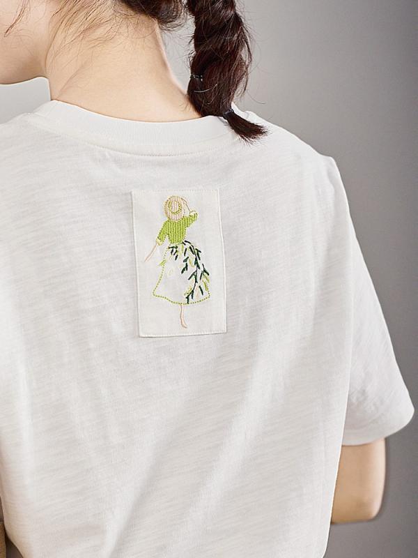 Tシャツ 女性用 通勤 普段使い 短袖 トップス 100%コットン 竹節柄 刺繍 刺繍デザイン ゆったりシルエット 丸首 普通丈 白色 純色 柔軟素材 吸湿性 軽量 春夏 復古風 かわいい 日常コーデ 切り替えデザイン シンプルスタイル 快適 肌触り良い